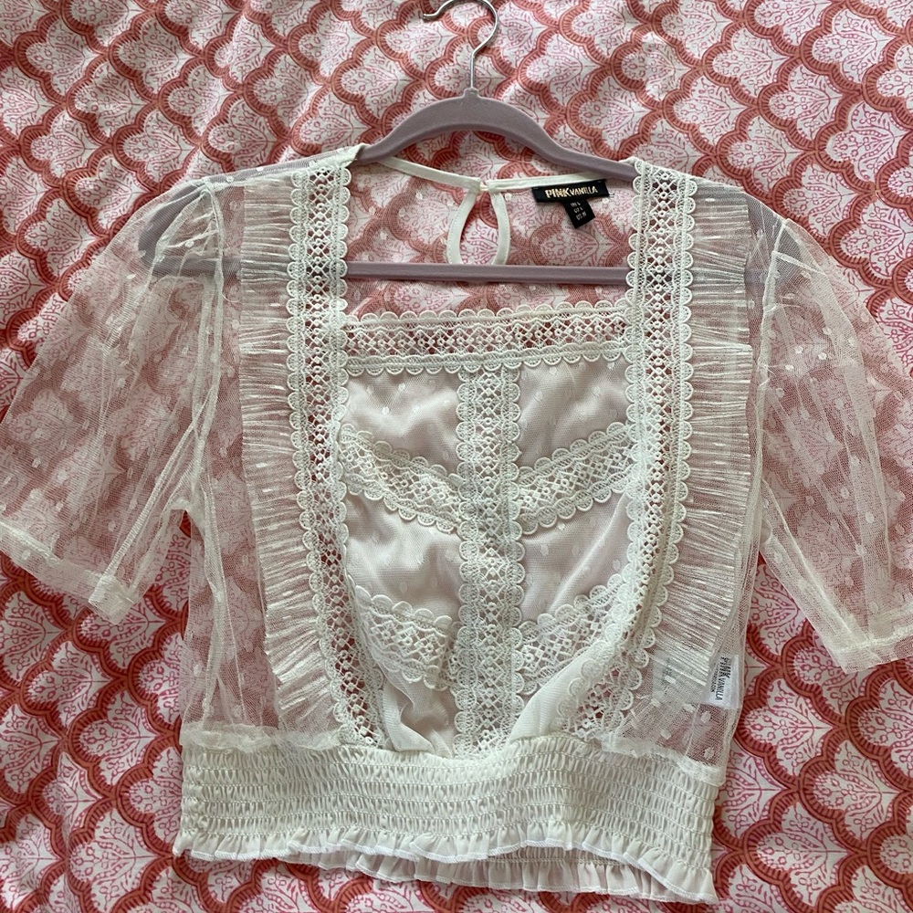 Free People Ivory Lace Cropped Sheer Blouse